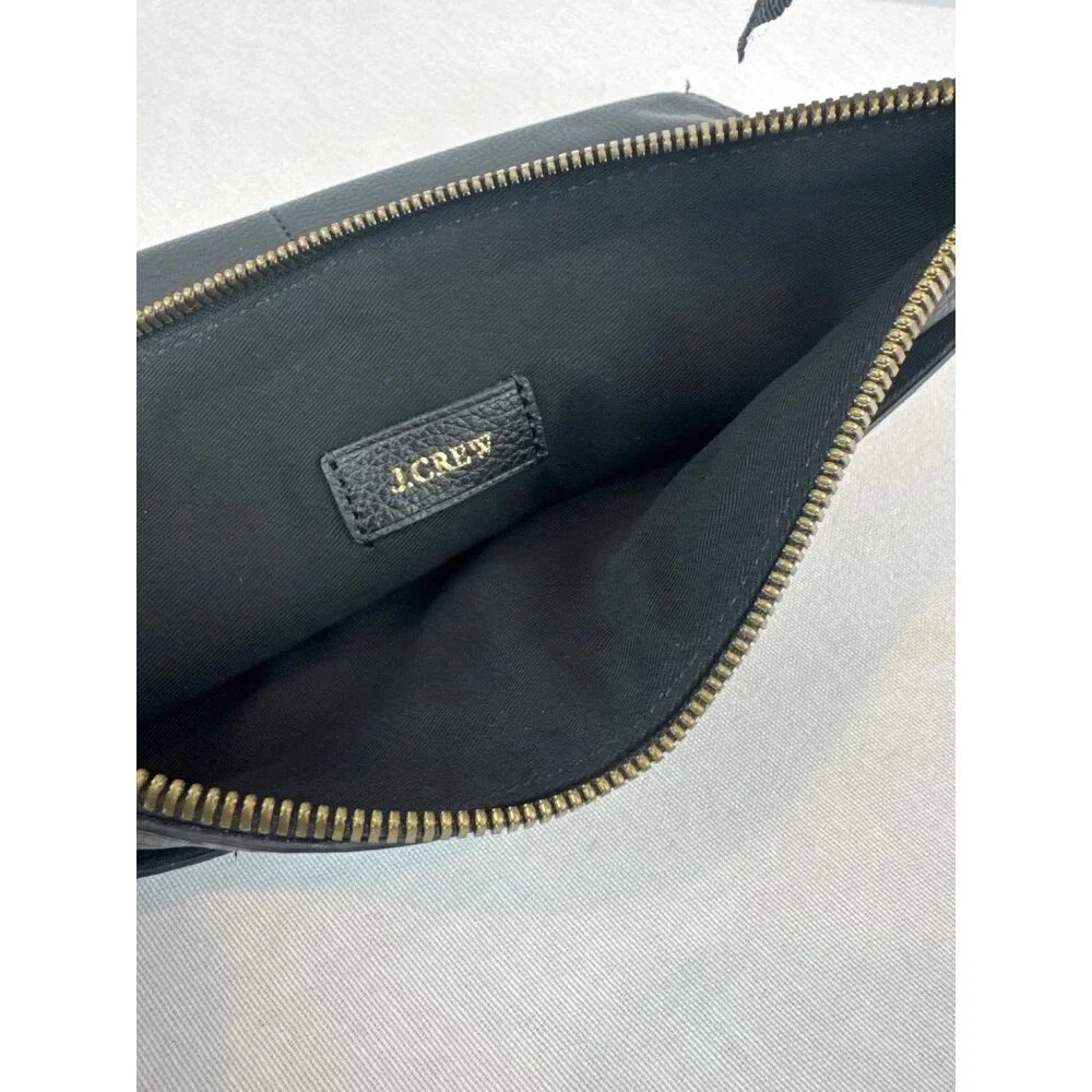 J Crew Black Leather Calf Hair Leopard Print Clutch Brass Accents Zipper - Picture 9 of 11